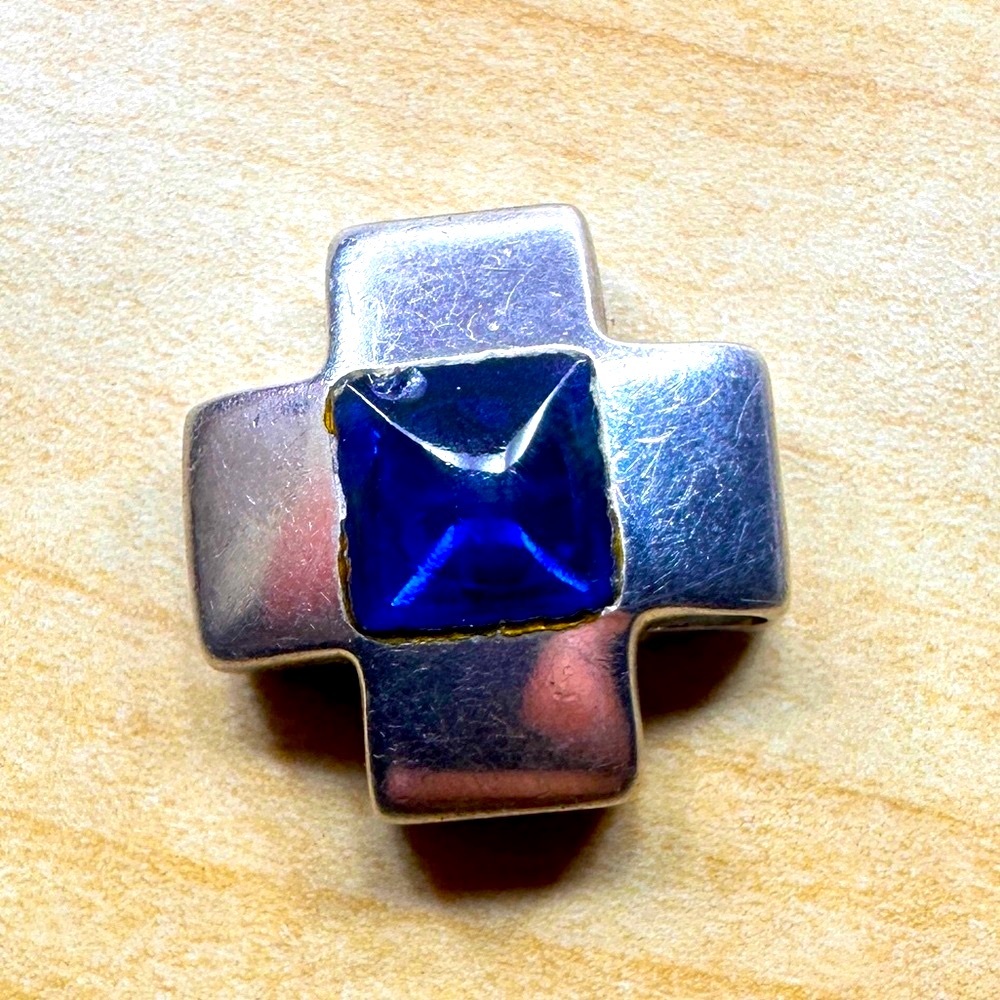 Sterling 925 Cross Pendant with Blue Gem / Rhinestone - Folli Folie
